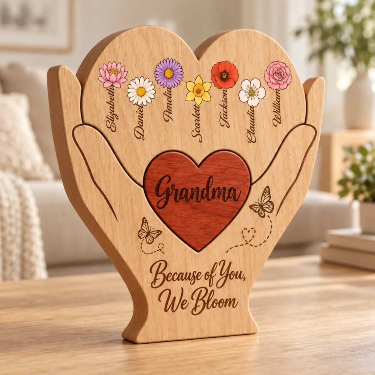 Custom Shaped Wooden Art Puzzle - Personalized Mother's Day Father's Day Birthday Gifts For Mom, Dad, Grandma, Grandpa - Because Of You We Bloom