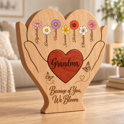 Custom Shaped Wooden Art Puzzle - Personalized Mother's Day Father's Day Birthday Gifts For Mom, Dad, Grandma, Grandpa - Because Of You We Bloom