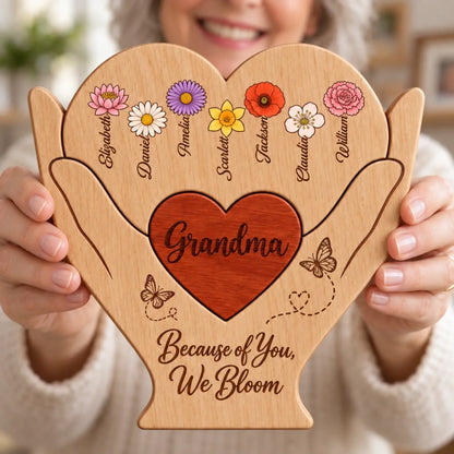 Custom Shaped Wooden Art Puzzle - Personalized Mother's Day Father's Day Birthday Gifts For Mom, Dad, Grandma, Grandpa - Because Of You We Bloom