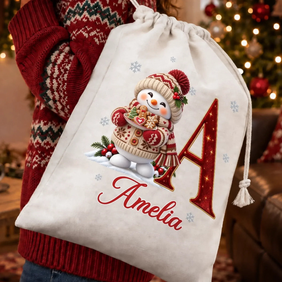 Custom Snowman Drawstring Gift Bag - Personalized Christmas Birthday Gifts For Mom, Dad, Brother, Sister - Frozen Joy Warm Happy Hearts