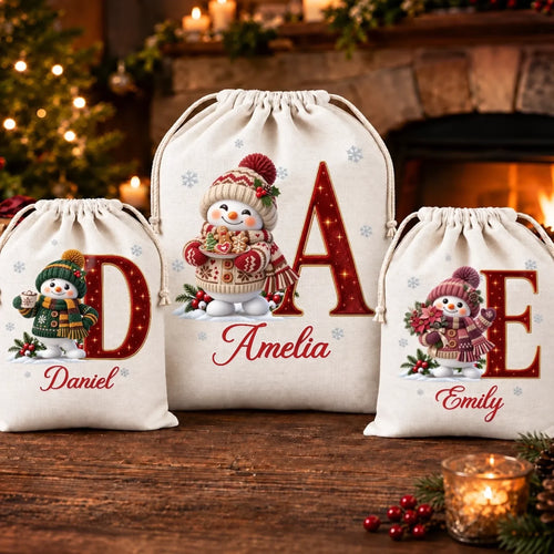Custom Snowman Drawstring Gift Bag - Personalized Christmas Birthday Gifts For Mom, Dad, Brother, Sister - Frozen Joy Warm Happy Hearts