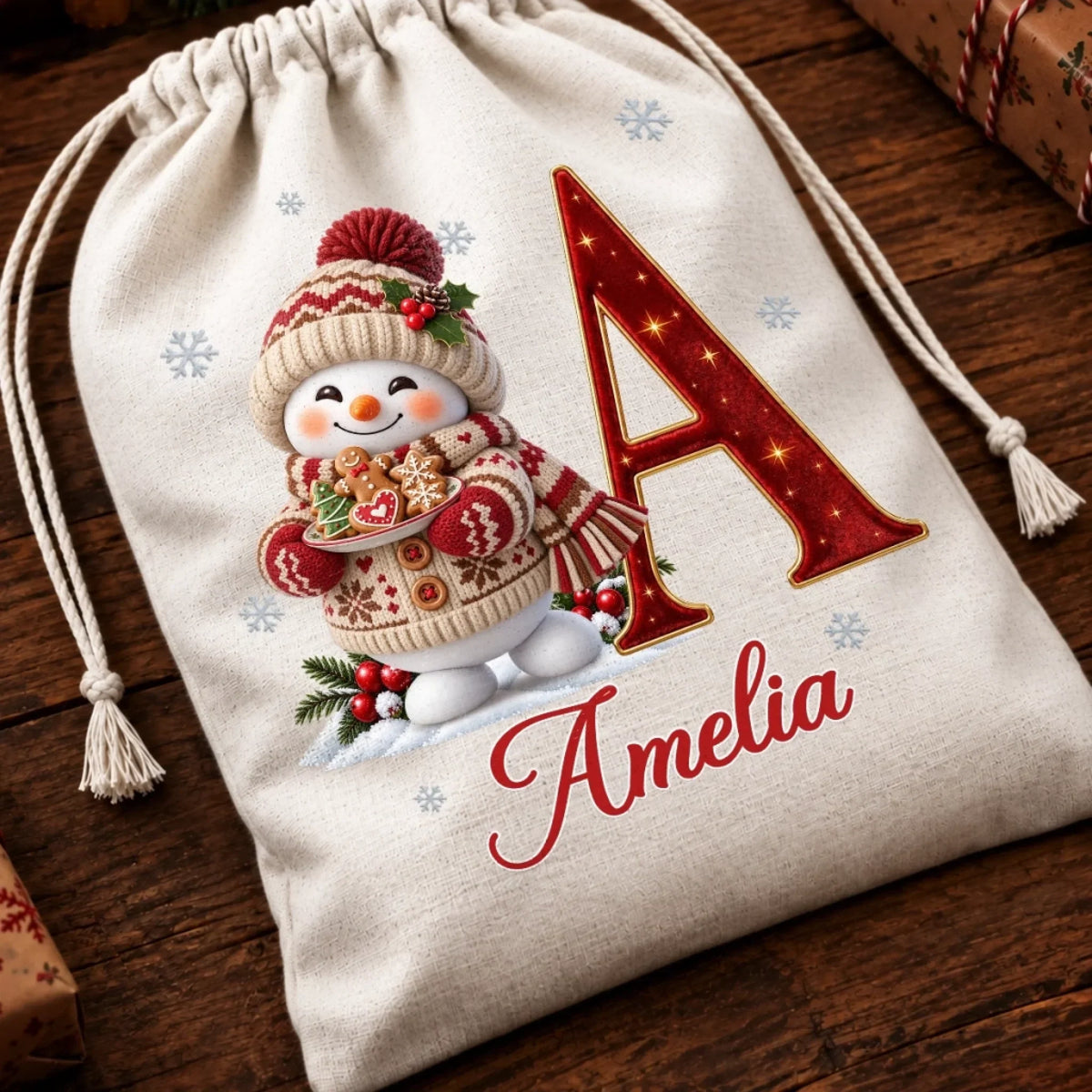 Custom Snowman Drawstring Gift Bag - Personalized Christmas Birthday Gifts For Mom, Dad, Brother, Sister - Frozen Joy Warm Happy Hearts