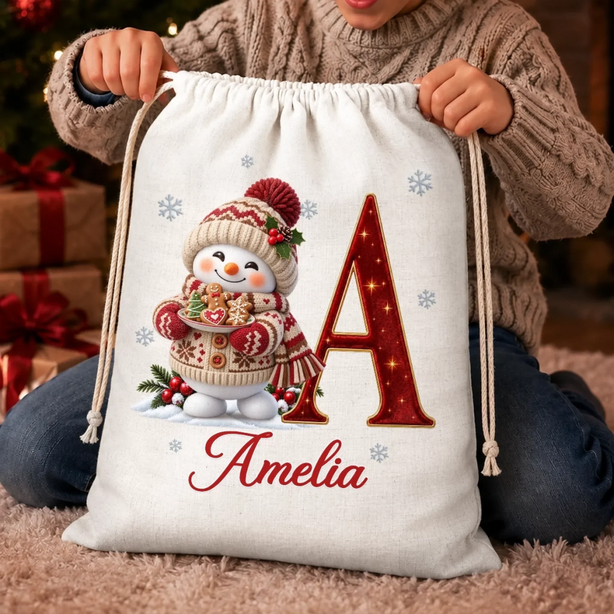 Custom Snowman Drawstring Gift Bag - Personalized Christmas Birthday Gifts For Mom, Dad, Brother, Sister - Frozen Joy Warm Happy Hearts