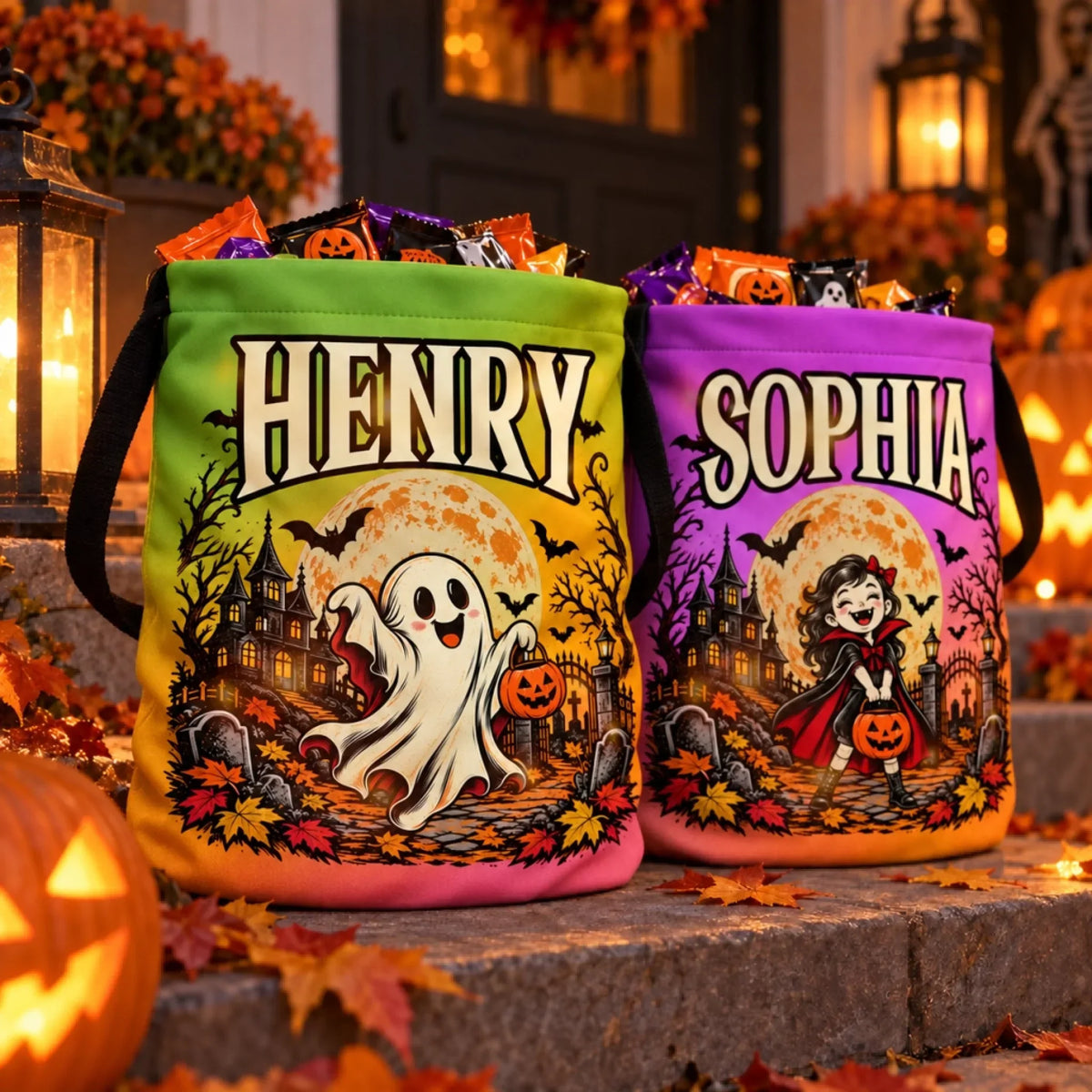 Custom LED Light Bucket Bag - Personalized Halloween Birthday Gifts For Kids - Boos, Treats And Glows
