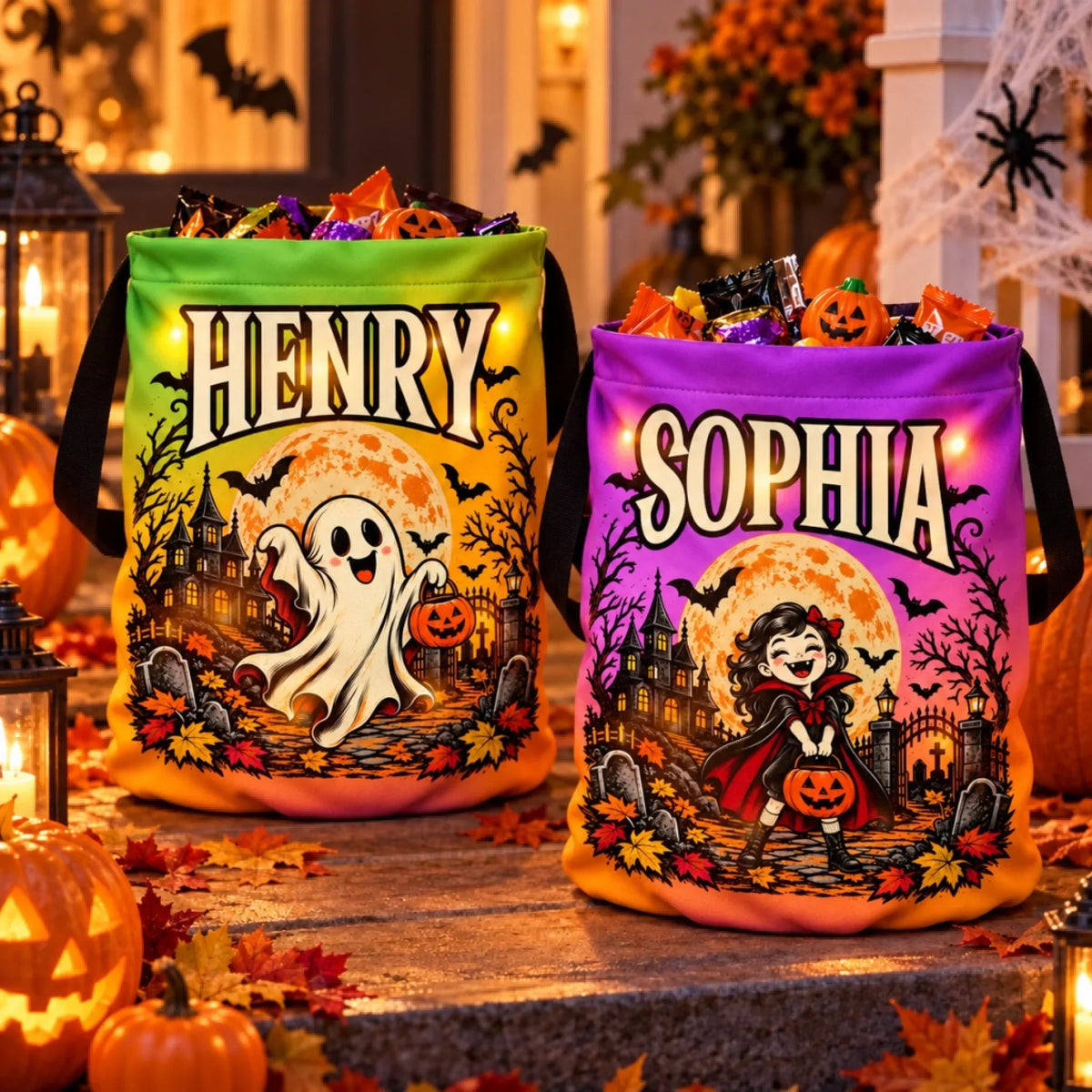 Custom LED Light Bucket Bag - Personalized Halloween Birthday Gifts For Kids - Boos, Treats And Glows