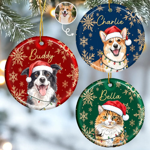 Custom Photo Ceramic Ornament - Personalized Christmas Birthday Gifts For Dog Cat Lovers, Dog Dad And Mom, Cat Owners - Merry Christmas, Happy Paws