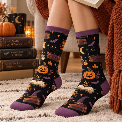 Custom Shh I'm Reading Crew Socks - Personalized Halloween Bookish Gifts For Book Lovers, Bookworms, Readers - Witchy Bookworm Vibes