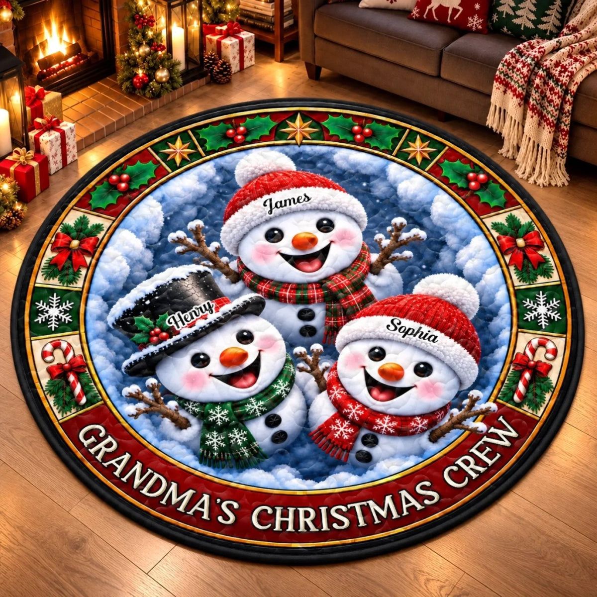 Custom Snowman Quilted Round Mat - Personalized Christmas Birthday Gifts For Grandma, Grandpa - Snowman Kisses, Holiday Wishes