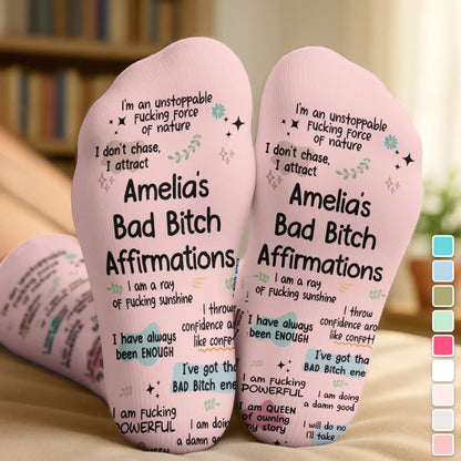 Custom Affirmation Crew Socks - Personalized Birthday Gifts For Wife, Daughter, Besties, Sisters, Granddaughter, Grandma, Mom, Yourself - I Attract, Never Chase