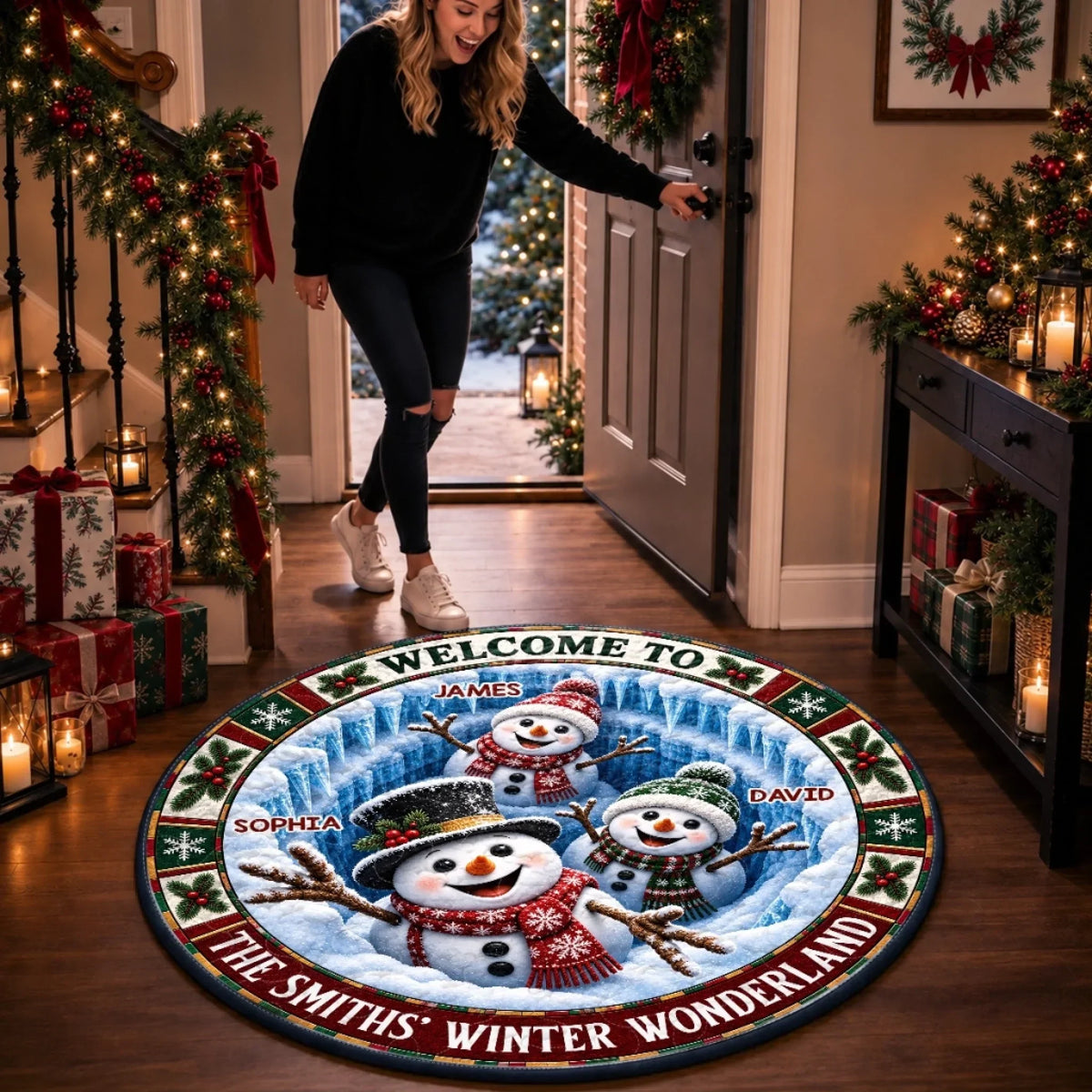 Custom Snowman Quilted Round Mat - Personalized Christmas Birthday Gifts For Mom, Dad, Brother, Sister - Winder Wonderland