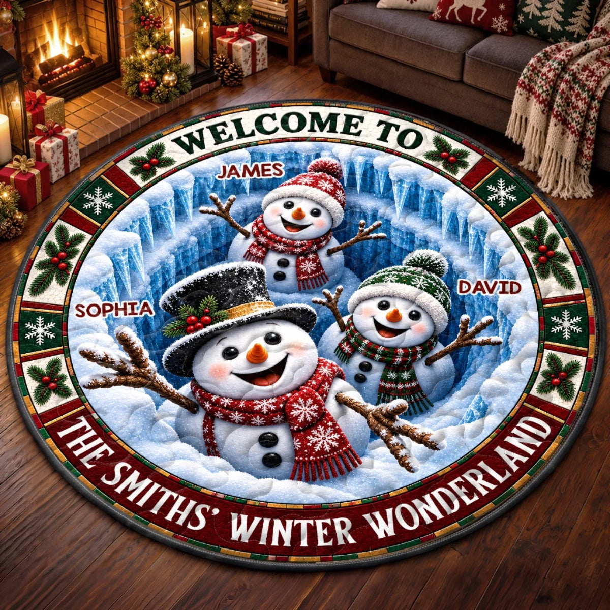 Custom Snowman Quilted Round Mat - Personalized Christmas Birthday Gifts For Mom, Dad, Brother, Sister - Winder Wonderland
