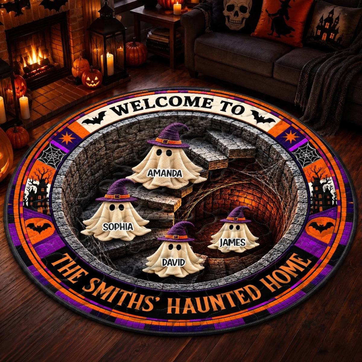 Custom Haunted Home Quilted Round Mat - Personalized Halloween Decor Birthday Gifts For Mom, Dad, Brother, Sister - Spooky Nights Happy Hearts