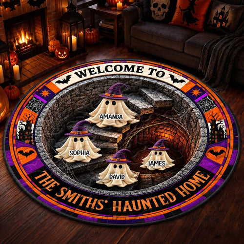 Custom Haunted Home Quilted Round Mat - Personalized Halloween Decor Birthday Gifts For Mom, Dad, Brother, Sister - Spooky Nights Happy Hearts