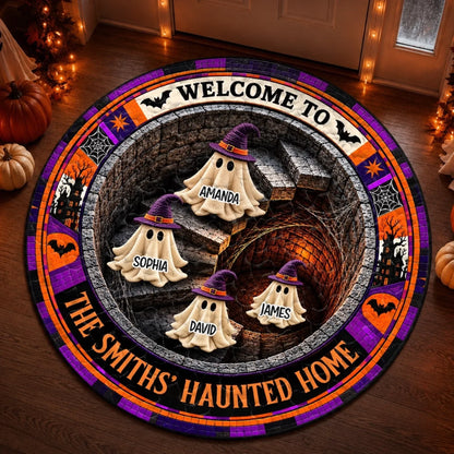 Custom Haunted Home Quilted Round Mat - Personalized Halloween Decor Birthday Gifts For Mom, Dad, Brother, Sister - Spooky Nights Happy Hearts