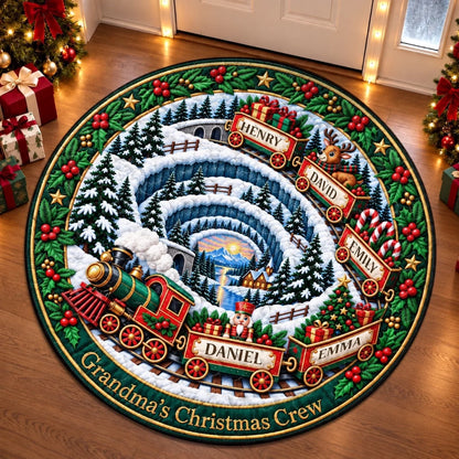 Custom Quilted Round Mat - Personalized Christmas Birthday Gifts For Grandma, Grandpa - Grandma’s Christmas Train Crew