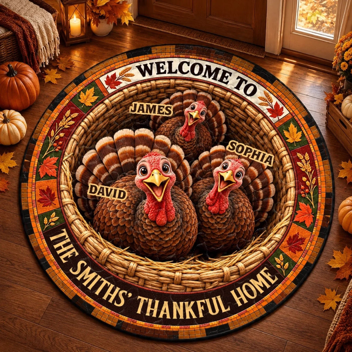 Custom Quilted Round Mat - Personalized Autumn Birthday Gifts For Mom, Dad, Brother, Sister - Welcome To The Thankful Home
