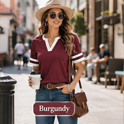 Women's V-Neck Short Sleeve Fitted Cotton Blend Striped Breathable for Daily Wear