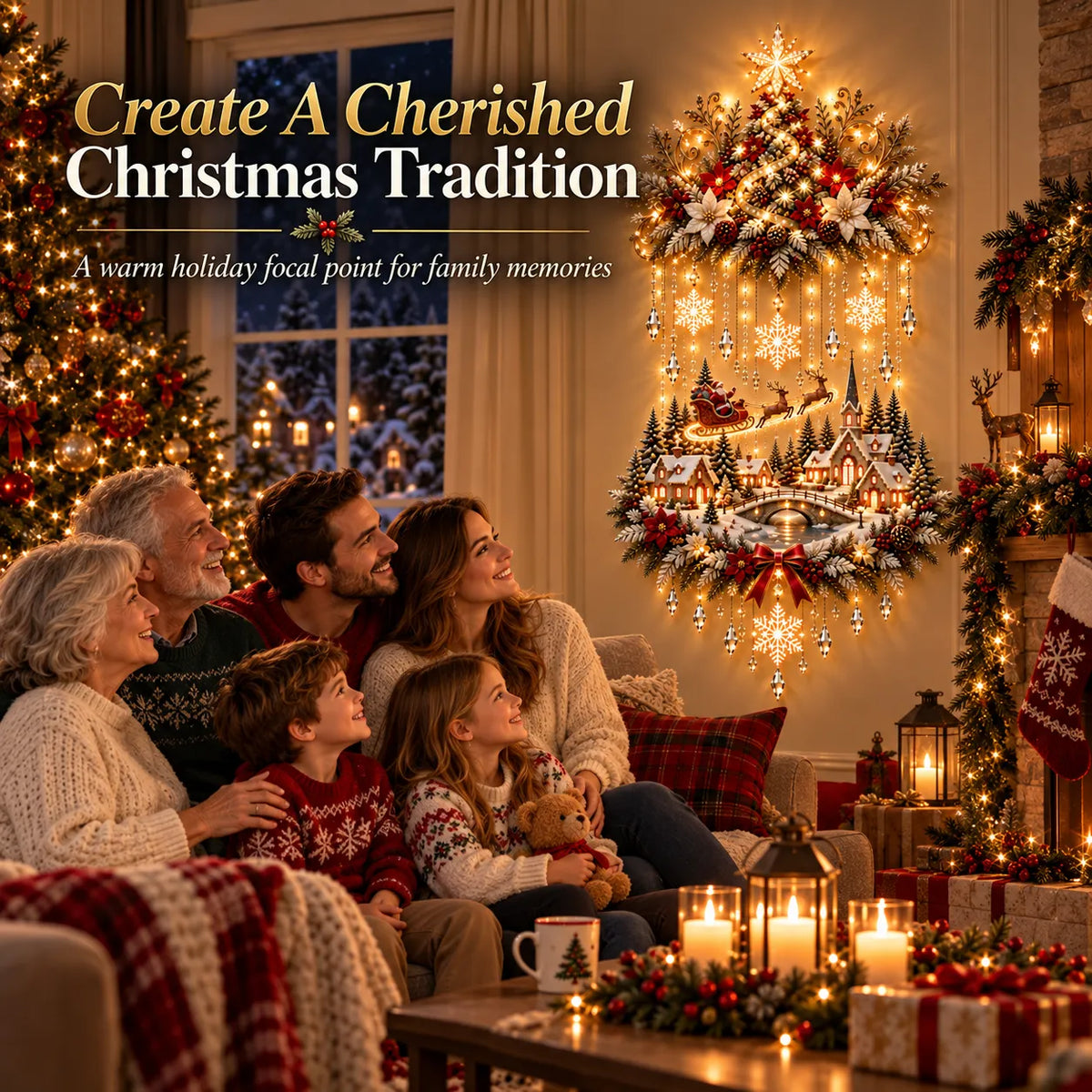 ✨Illuminated Christmas Tree & Village Wall Hanging | 🎄 Cascading Warm Lights for Living Rooms, Entryways & Staircases ✨