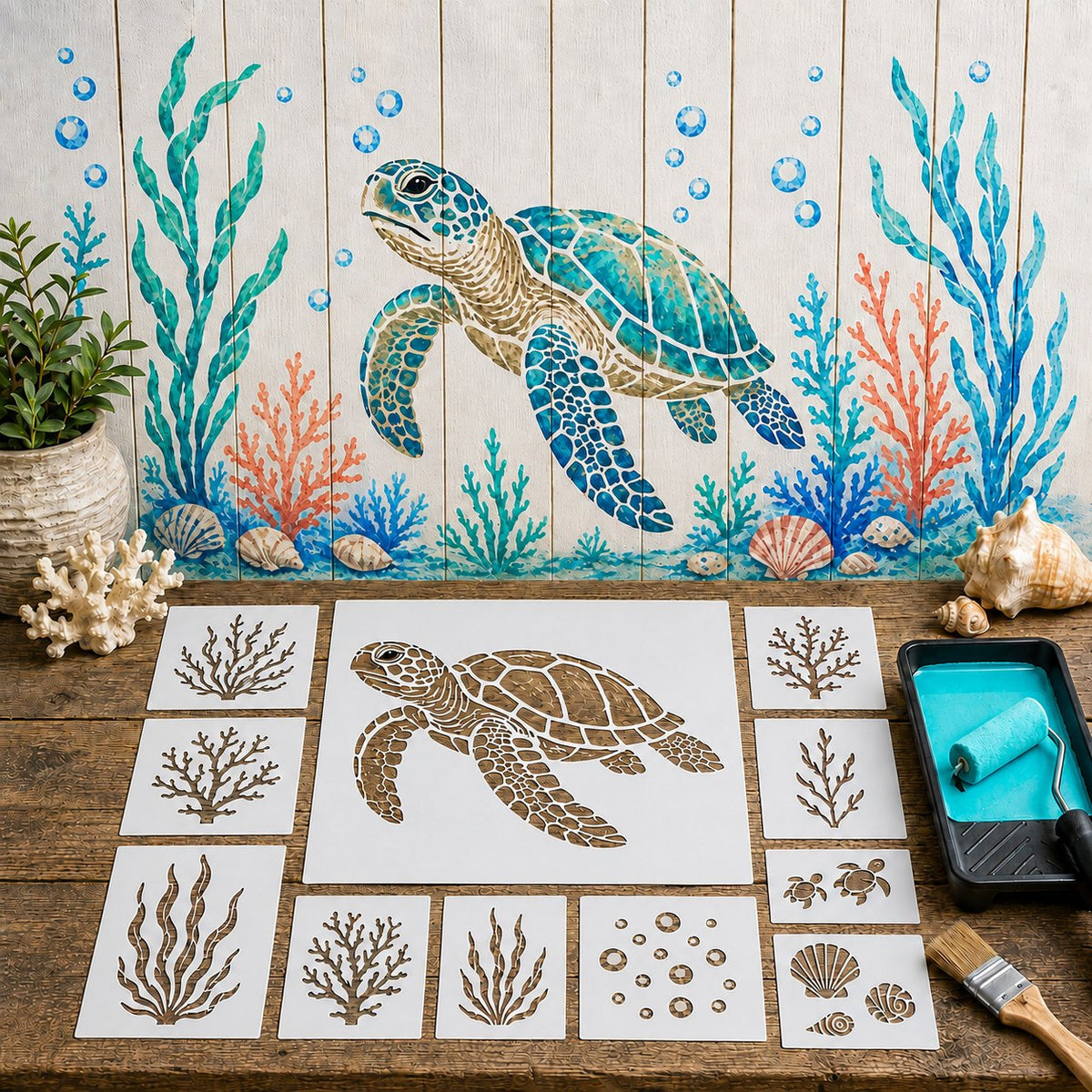 🐙 Reusable Ocean Octopus Mural Stencil Set | Bring Plain Walls & Fences to Life with a Bold Underwater Scene 🌊🎨✨