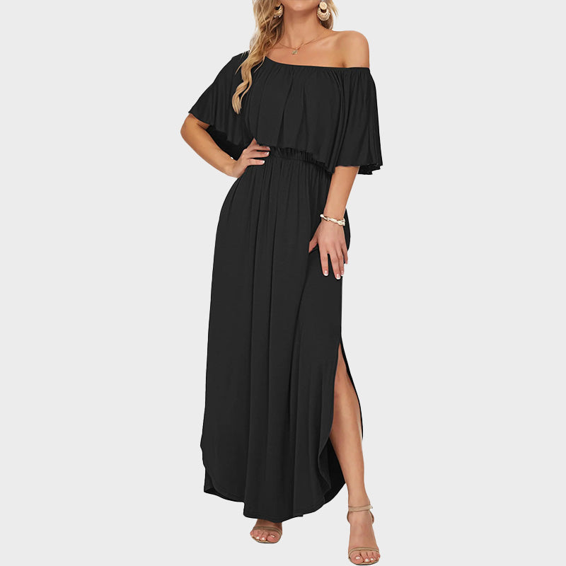 Plus Size Off Shoulder Split Maxi Dress with Ruffle and Pockets