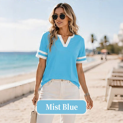 Women's V-Neck Short Sleeve Fitted Cotton Blend Striped Breathable for Daily Wear