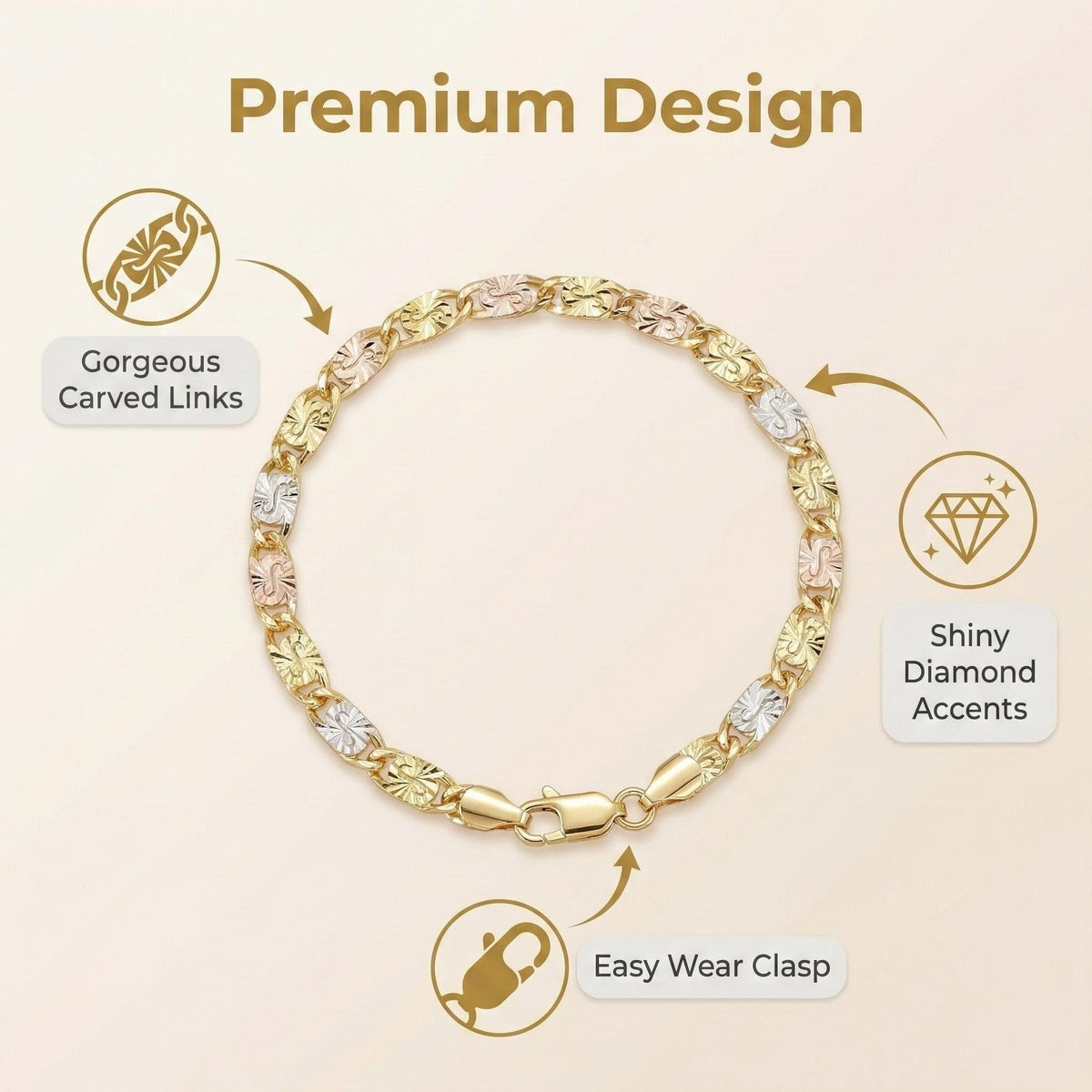 14K Gold Tri-Color Mariner Link Bracelet for Women