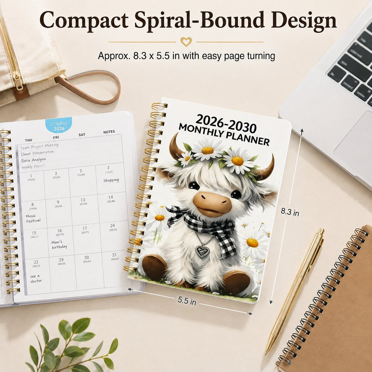 🐮 Cute Cow 5-Year Planner 2026–2030 | Monthly Organizer with Farmhouse Cover, Goal Tracking Pages & Long-Term Planning Layout ✨