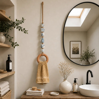 ✨ Decorative Beaded Towel Hanger with Rustic Wooden Ring 🪵
