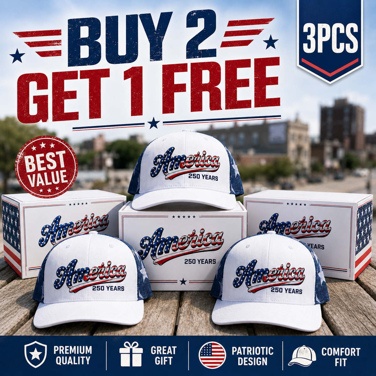 🔥 ❤️ 🇺🇸 America 250 Years Patriotic Embroidered Mesh Trucker Cap