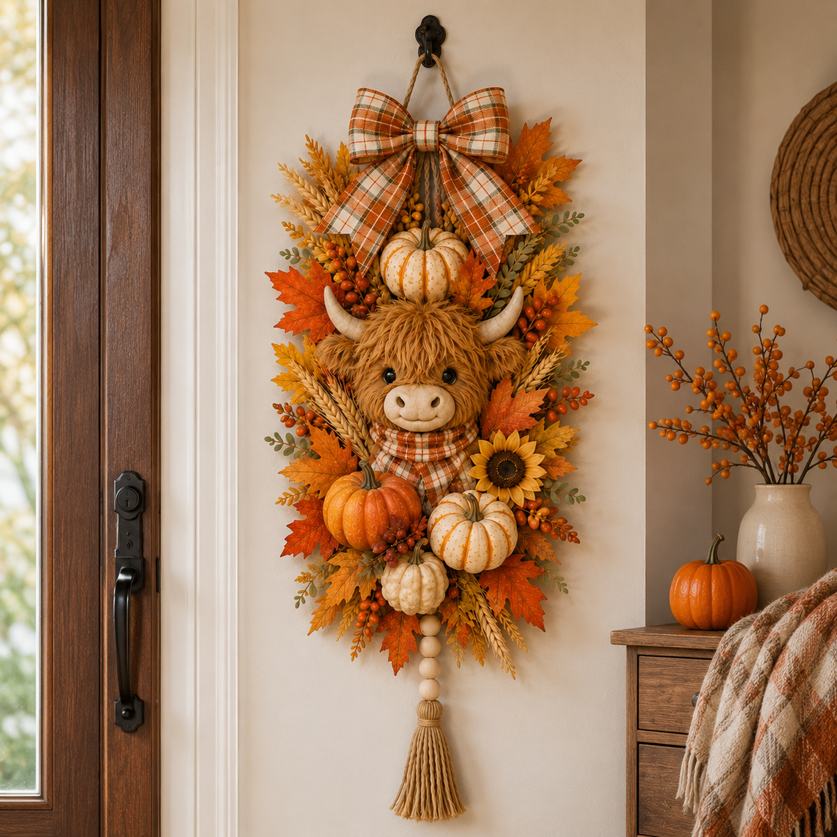 🐮🏡 Highland Cow Harvest Door Decoration with Warm Lights