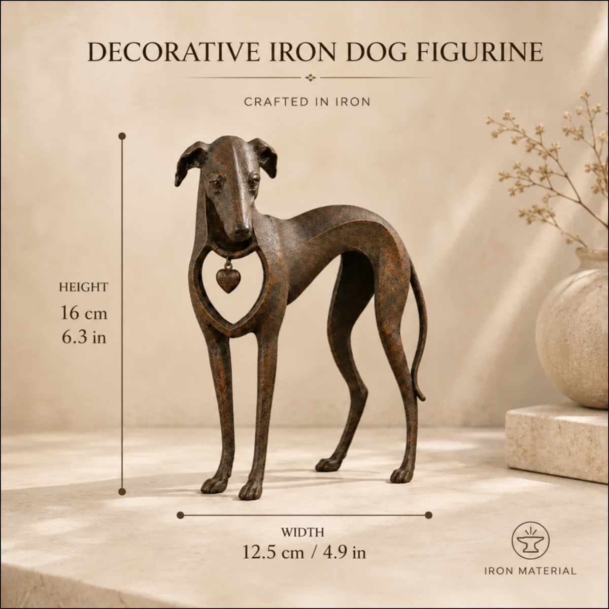 Heritage Heart Sighthound Sculpture – Vintage Iron Dog Accent for Timeless Interiors