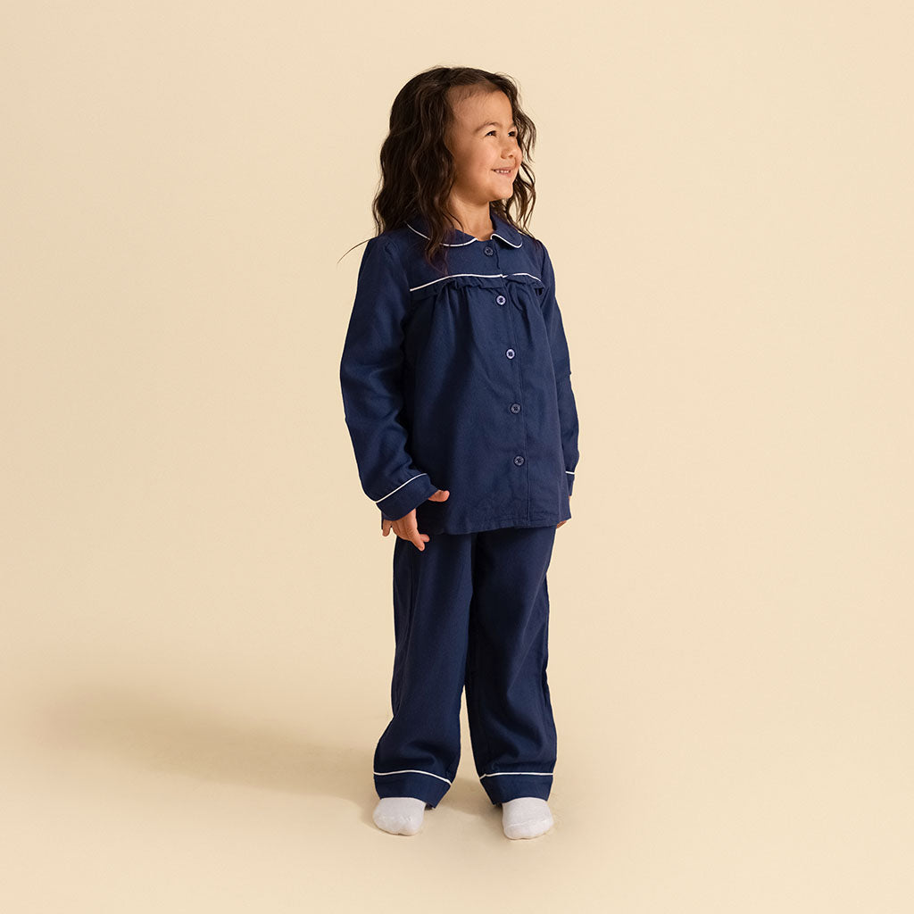 Navy Flannelette Ruffled Pajama Set