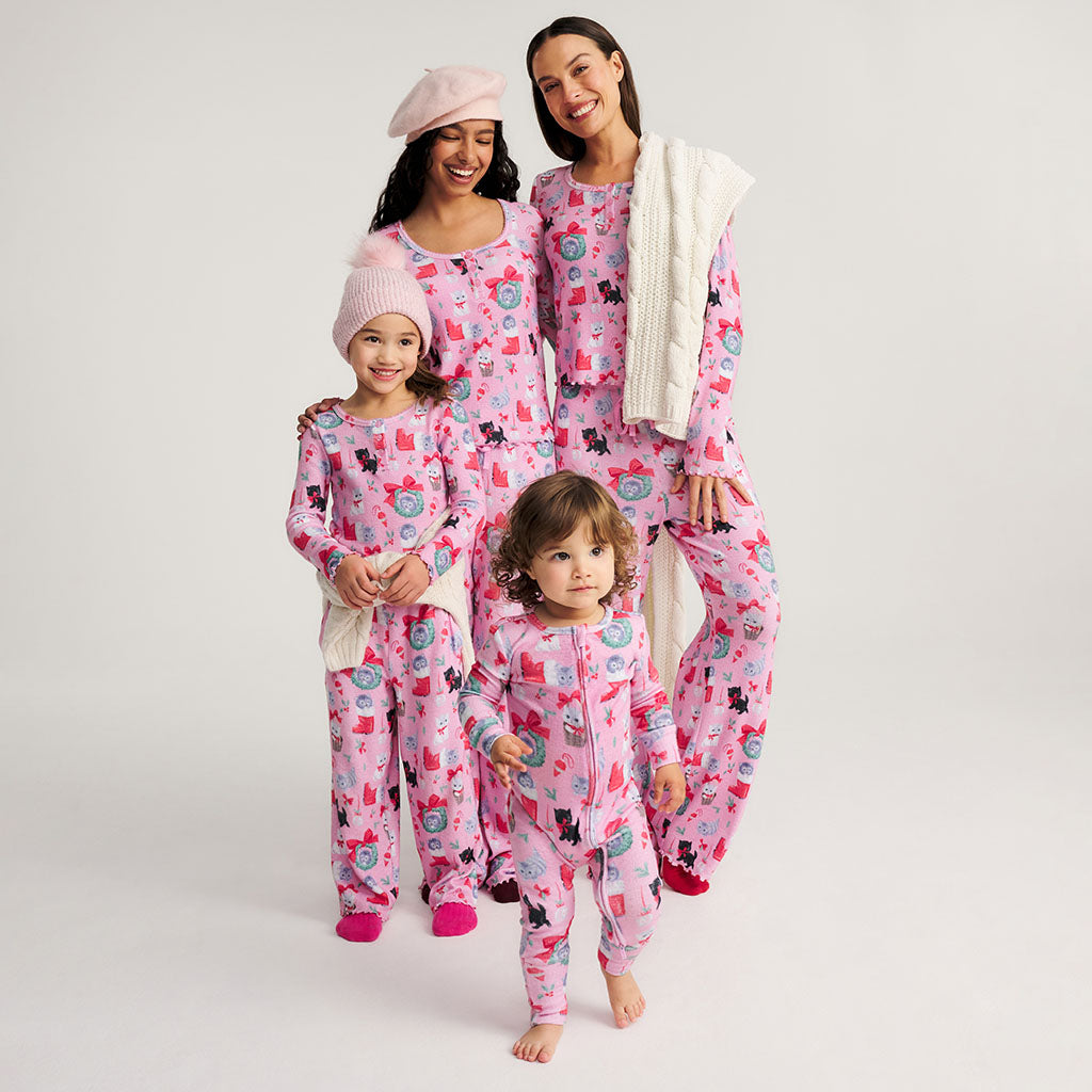 Meowy Christmas Brushed Pointelle Lettuce Edge Top Pant Set