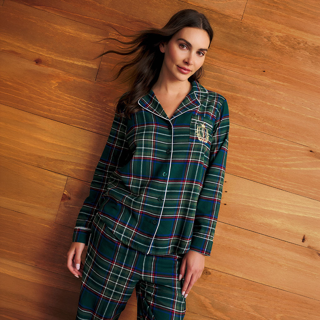 Green Tartan Plaid Women's Flannelette Pajama Set