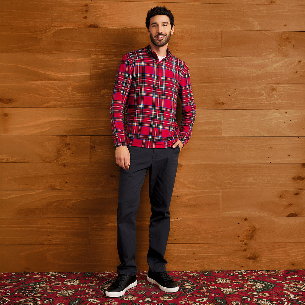 Red Tartan Plaid Men's French Terry Quarter Zip Sweatshirt
