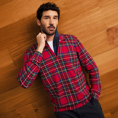 Red Tartan Plaid Men's French Terry Quarter Zip Sweatshirt