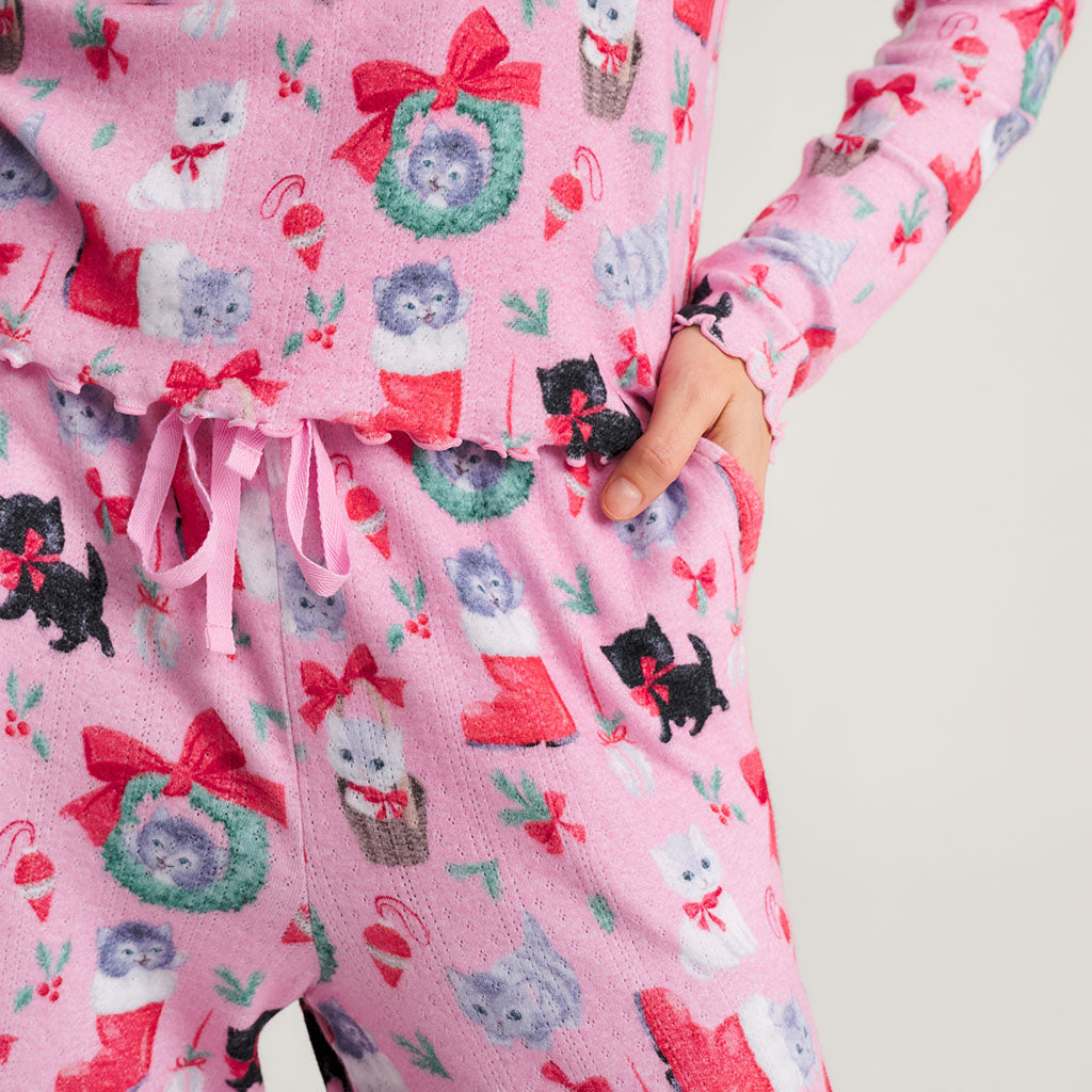 Meowy Christmas Women's Brushed Pointelle Pajama Set