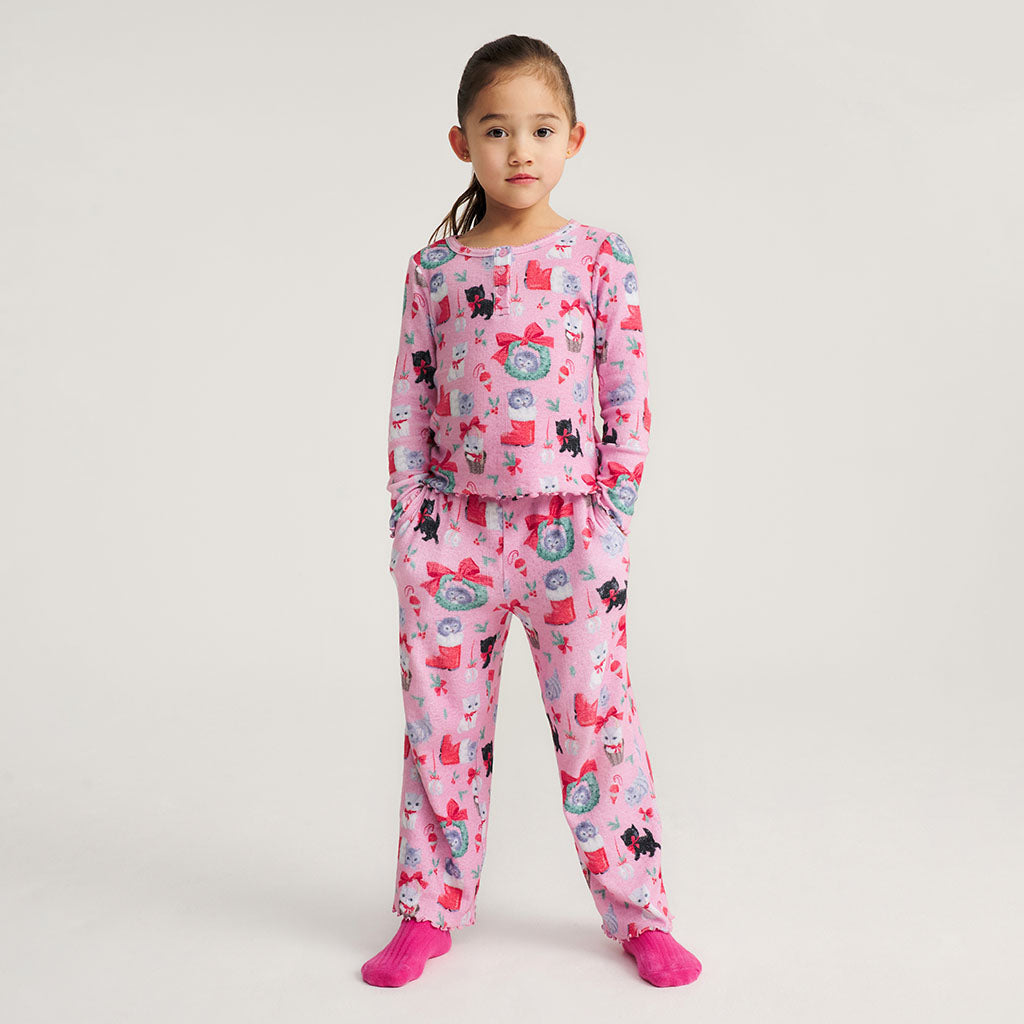 Meowy Christmas Brushed Pointelle Lettuce Edge Top Pant Set