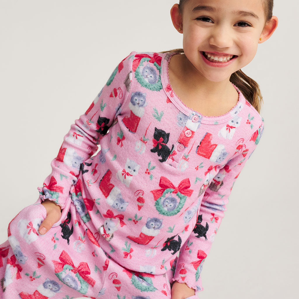 Meowy Christmas Brushed Pointelle Lettuce Edge Top Pant Set