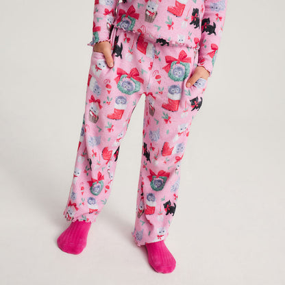 Meowy Christmas Brushed Pointelle Lettuce Edge Top Pant Set