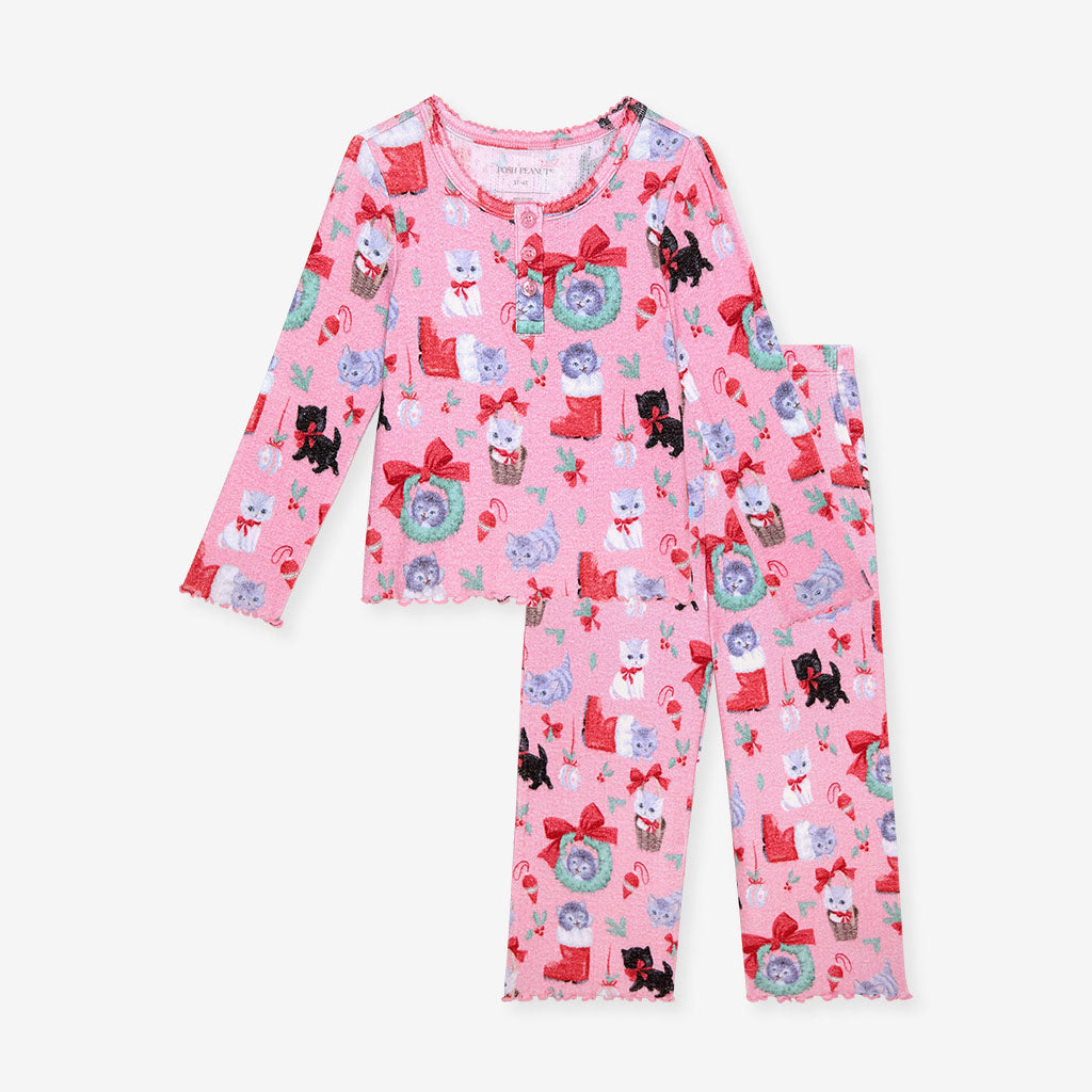 Meowy Christmas Brushed Pointelle Lettuce Edge Top Pant Set