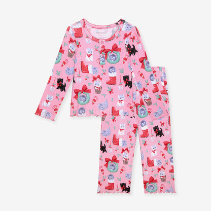 Meowy Christmas Brushed Pointelle Lettuce Edge Top Pant Set