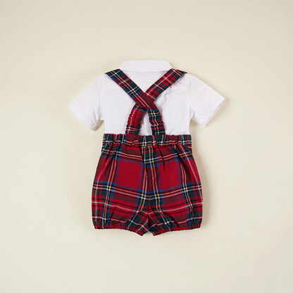 Red Tartan Plaid Oxford Collared Bodysuit & Tartan Overall Romper Set