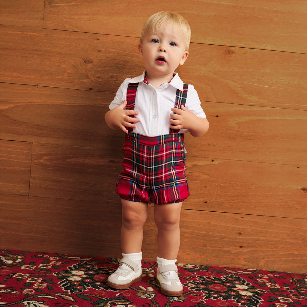 Red Tartan Plaid Oxford Collared Bodysuit & Tartan Overall Romper Set