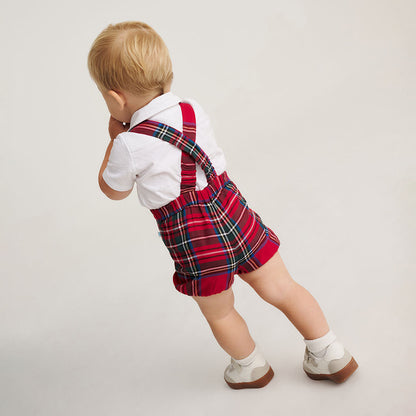 Red Tartan Plaid Oxford Collared Bodysuit & Tartan Overall Romper Set