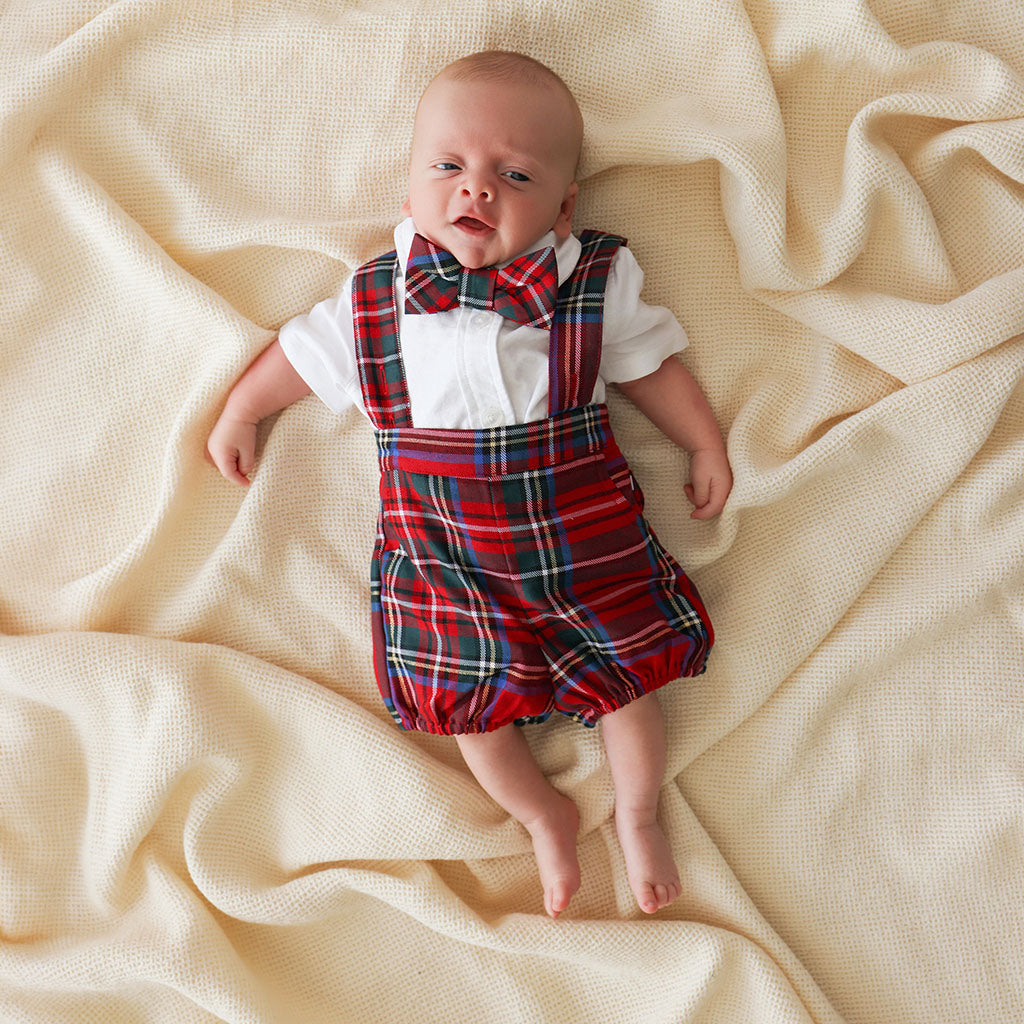 Red Tartan Plaid Oxford Collared Bodysuit & Tartan Overall Romper Set