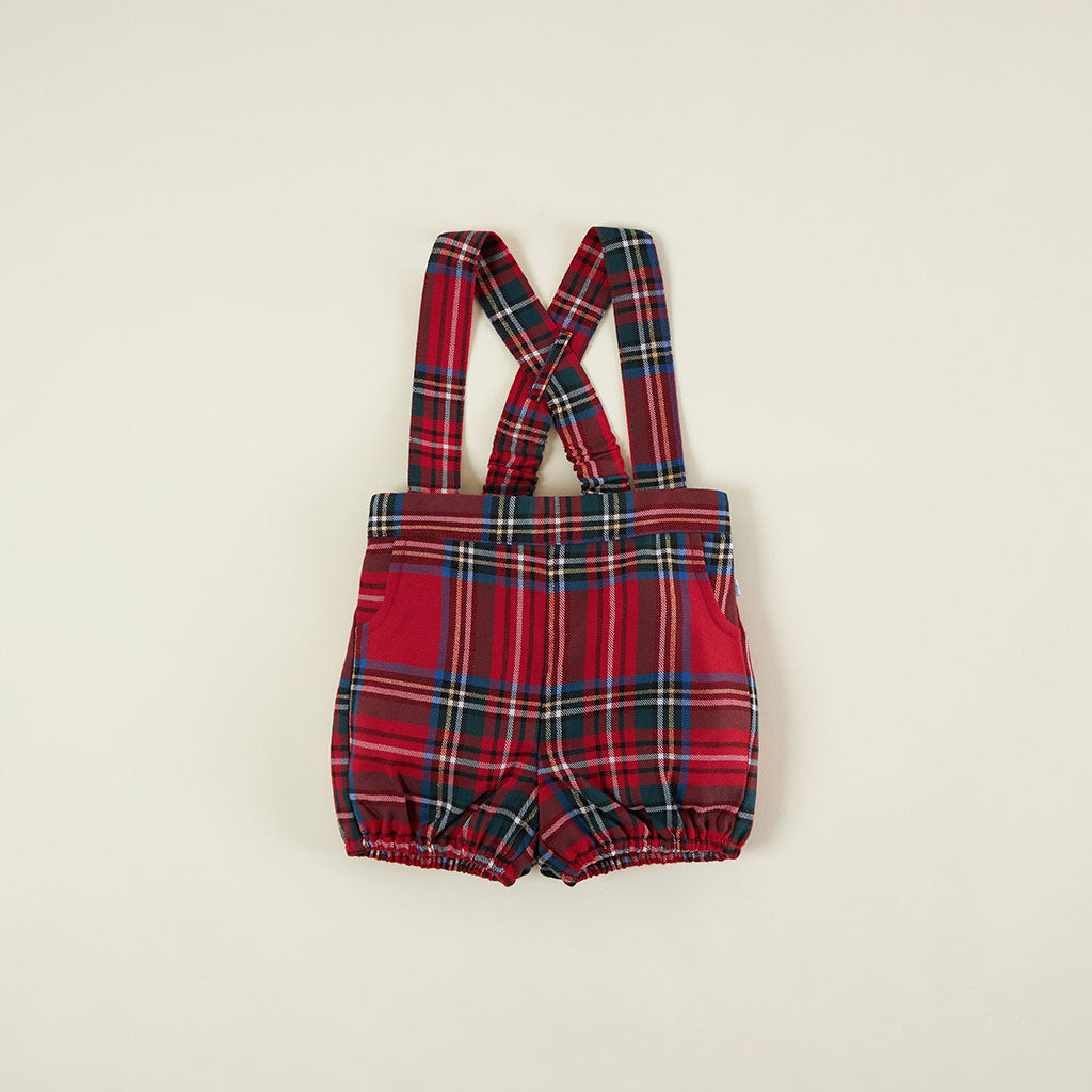 Red Tartan Plaid Oxford Collared Bodysuit & Tartan Overall Romper Set