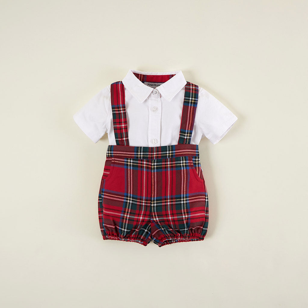 Red Tartan Plaid Oxford Collared Bodysuit & Tartan Overall Romper Set