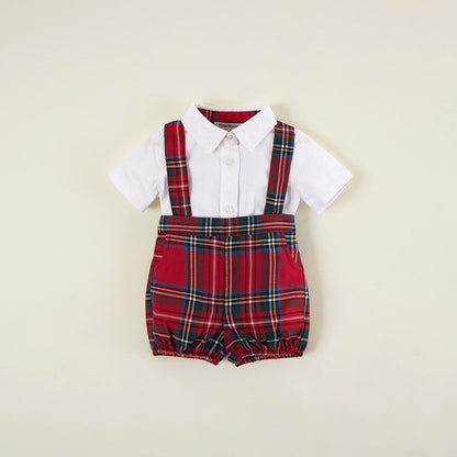 Red Tartan Plaid Oxford Collared Bodysuit & Tartan Overall Romper Set