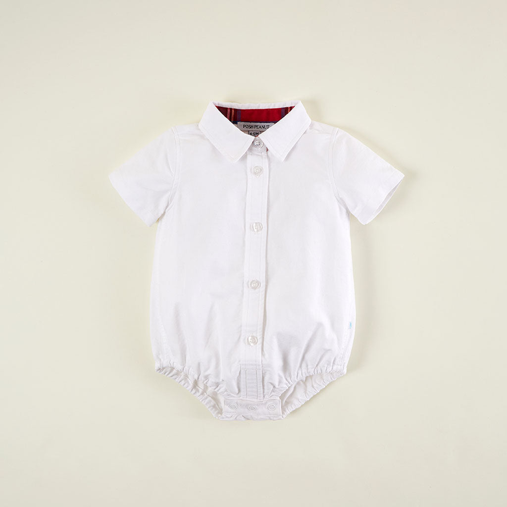 Red Tartan Plaid Oxford Collared Bodysuit & Tartan Overall Romper Set